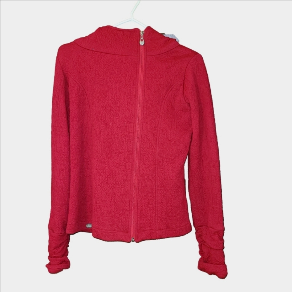 Tonia Debellis red textured heavyweight off center zip hooded jacket